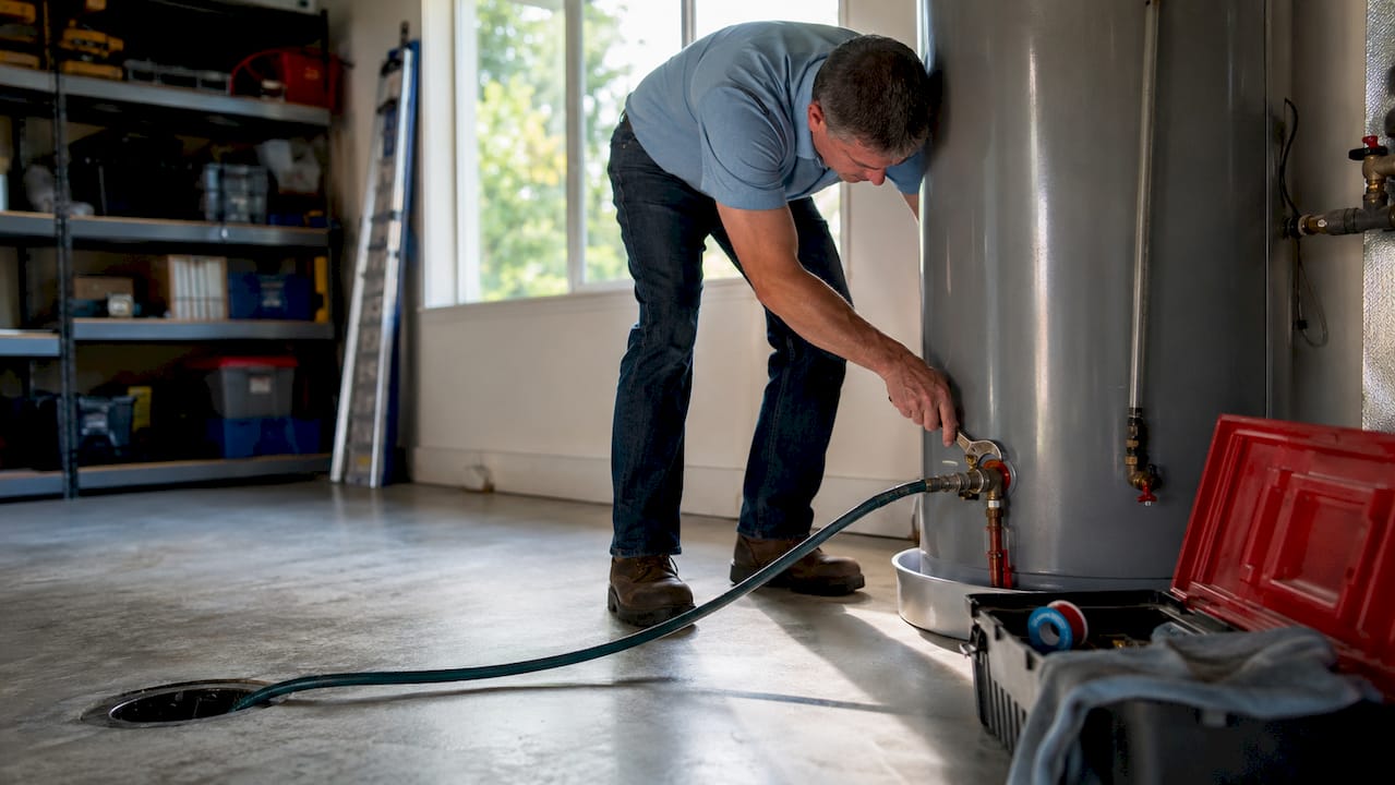 Homeowner maintaining water heater in basement