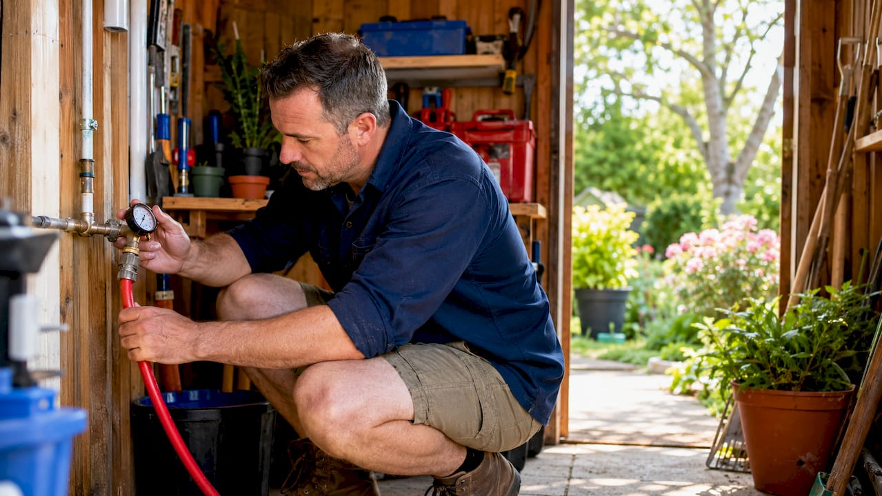 Homeowner testing water pressure gauge in basement