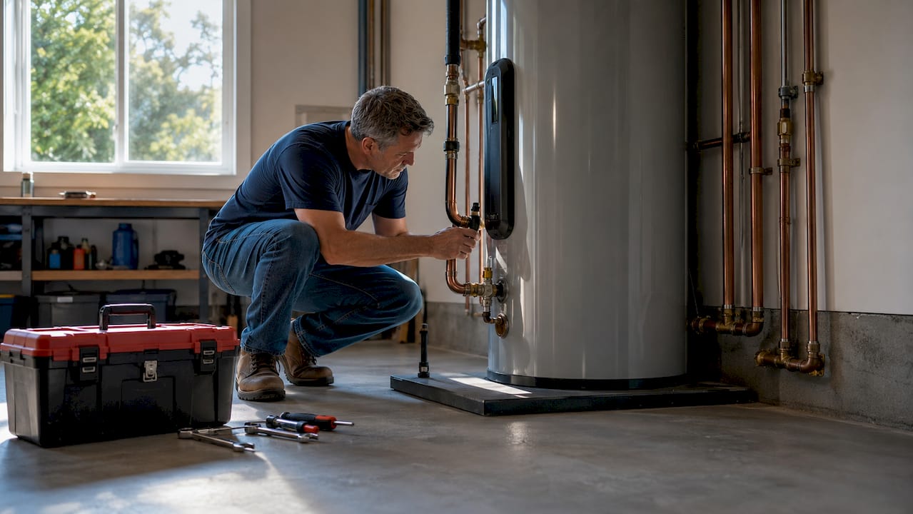 Man inspecting water heater in basement