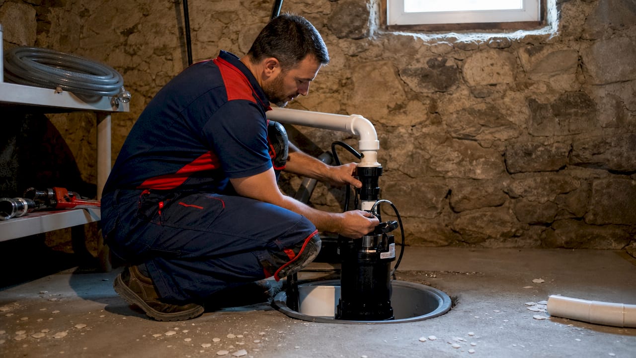 Worker installing sump pump in basement pit