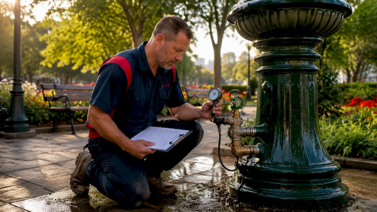 Technician testing backflow device outside building