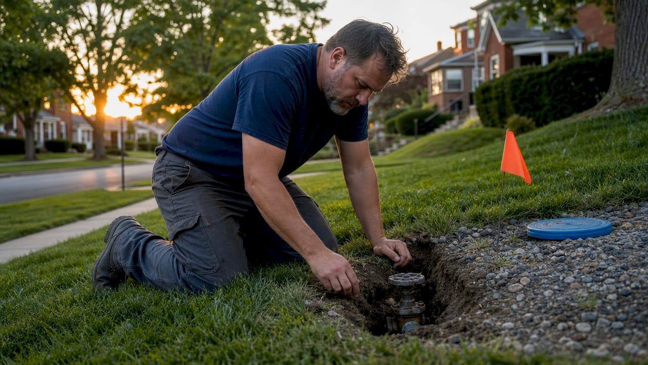 Homeowner inspecting water main curb valve outdoors