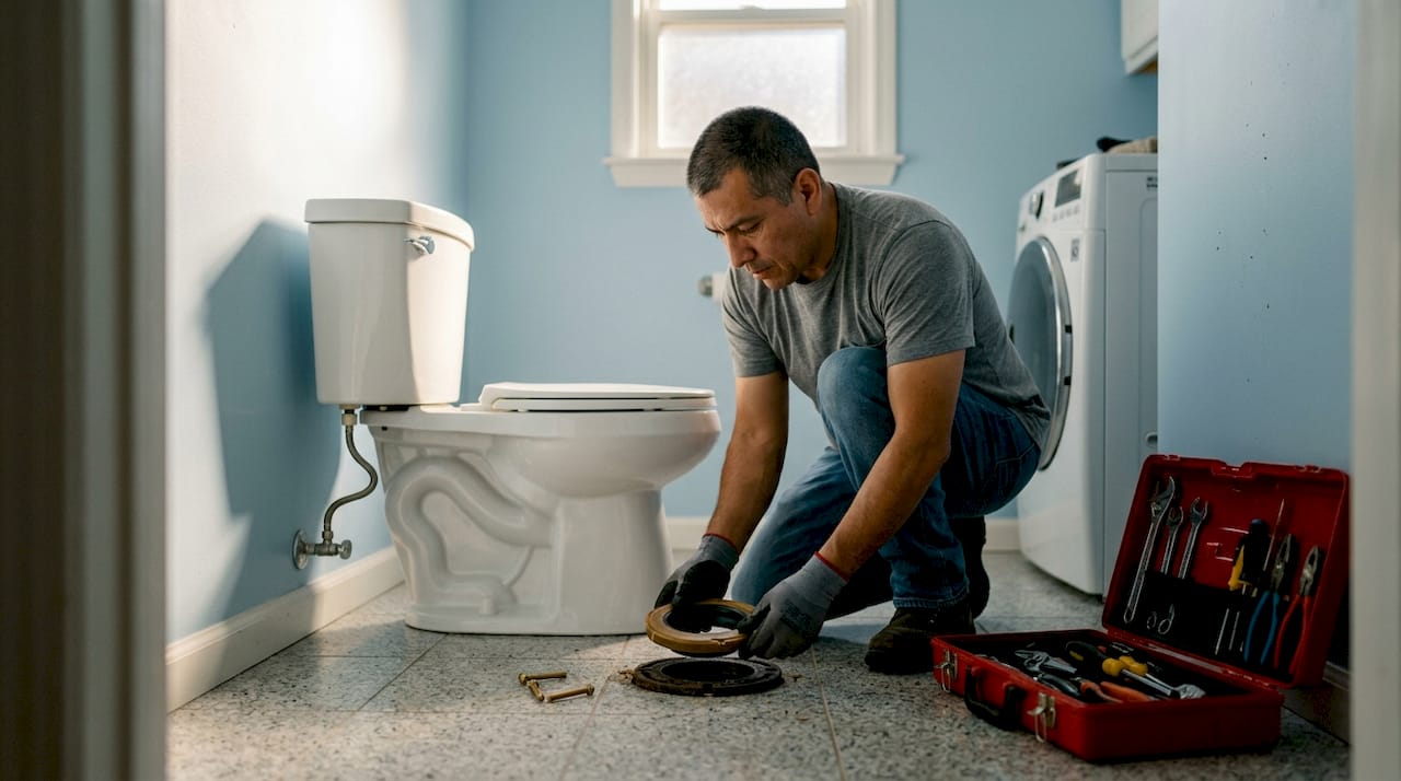 Homeowner installing new toilet in bathroom