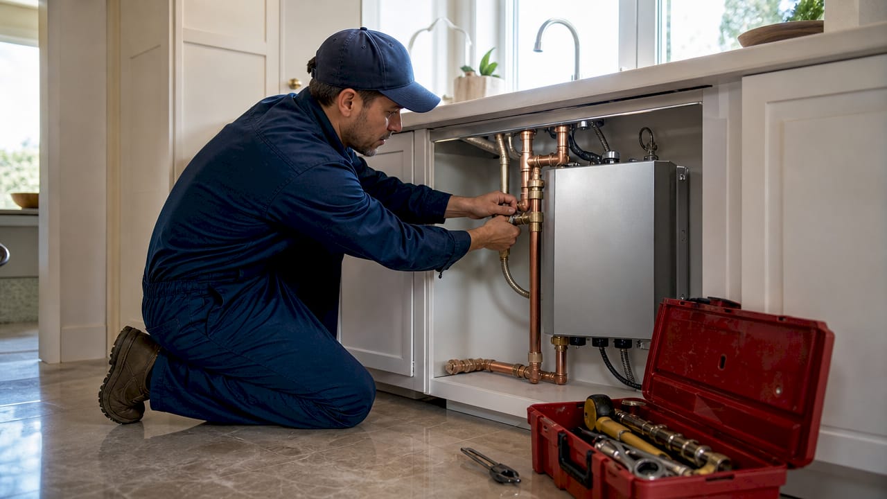 Plumber installing tankless water heater in basement