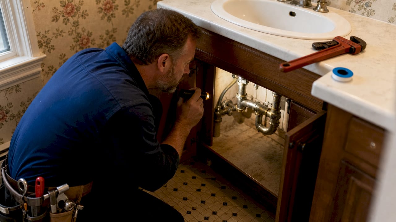 Plumber inspecting kitchen sink pipes