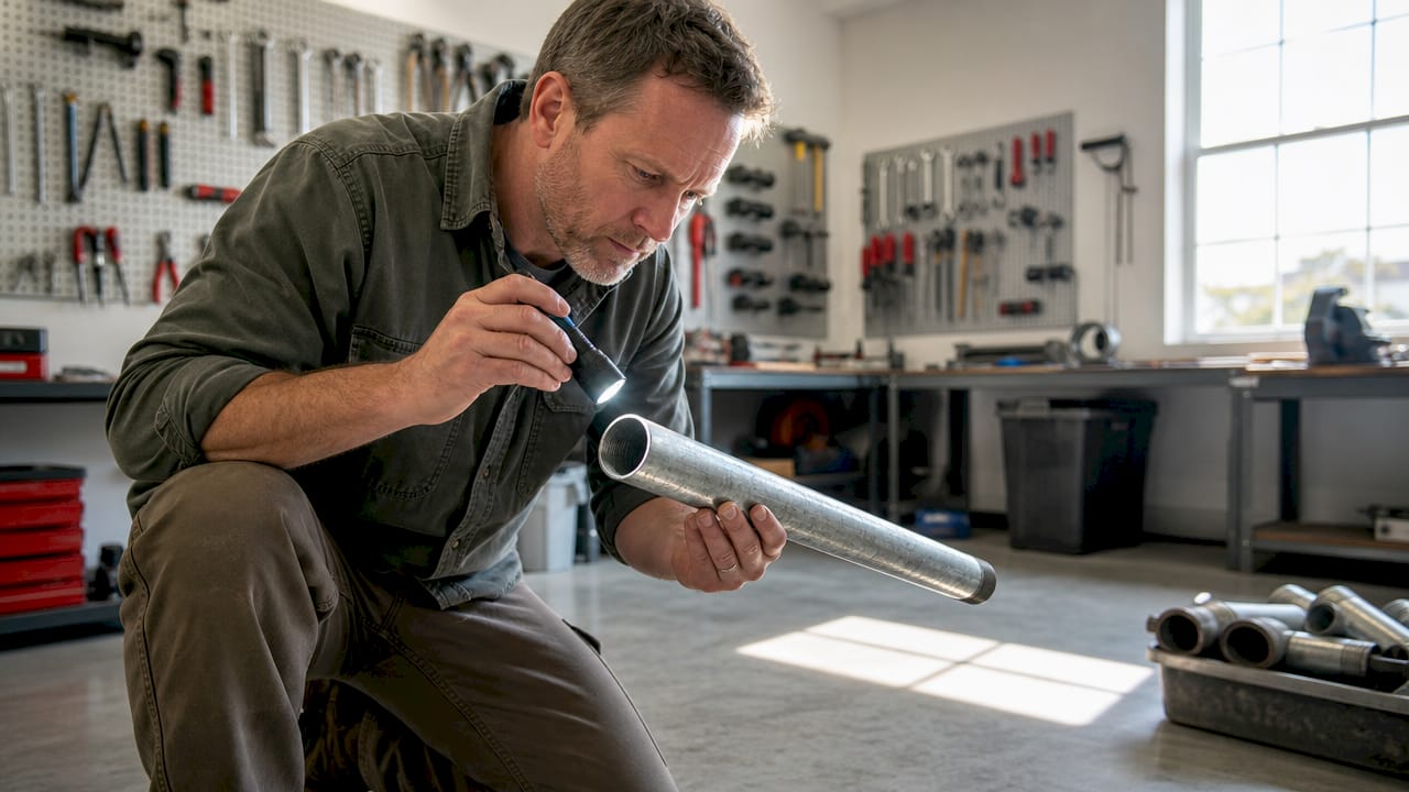 Homeowner inspecting galvanized pipe in basement