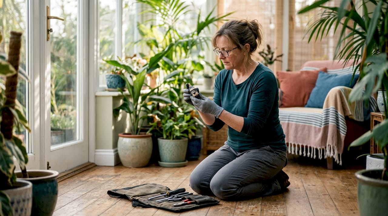 Homeowner inspecting faucet cartridge under sink