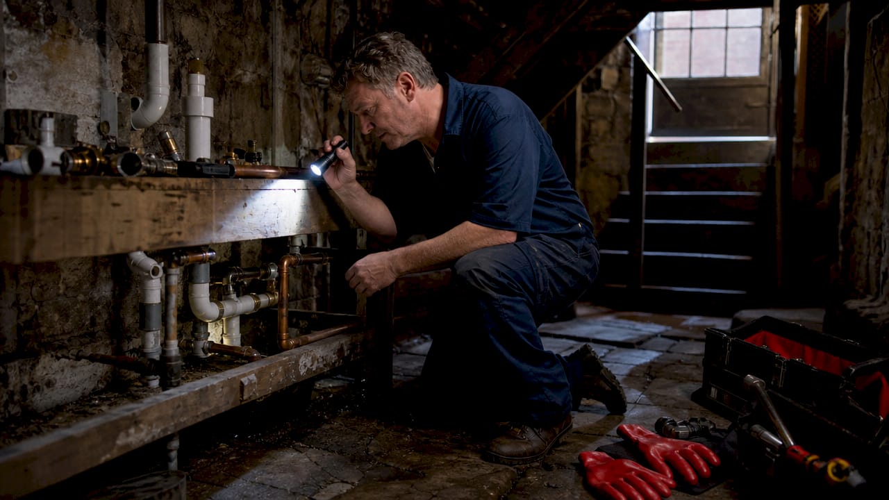 Plumber inspecting residential pipes in basement