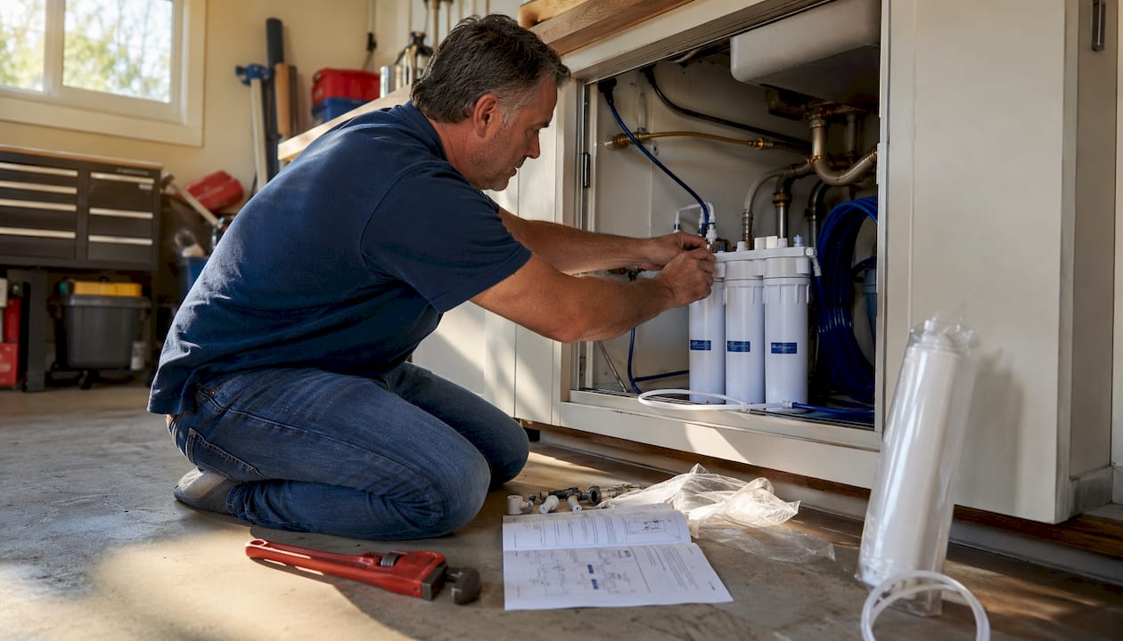 Man installing under-sink water filter