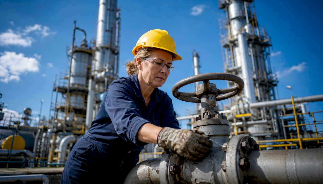 Engineer inspecting large isolation valve outdoors