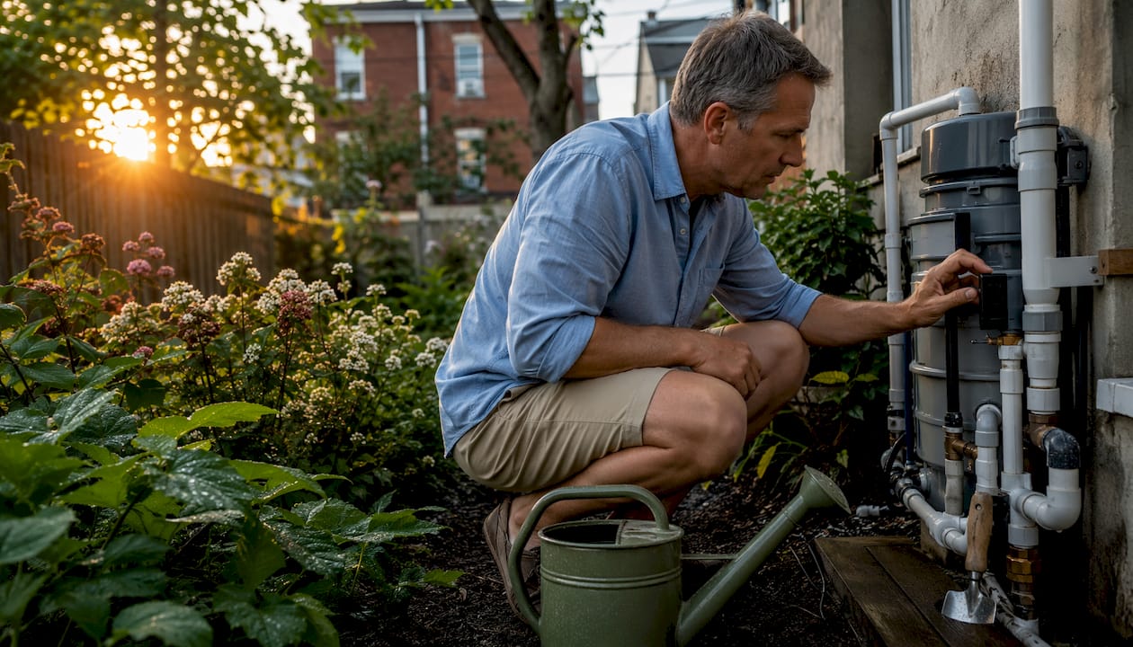 Homeowner inspecting greywater system outdoors