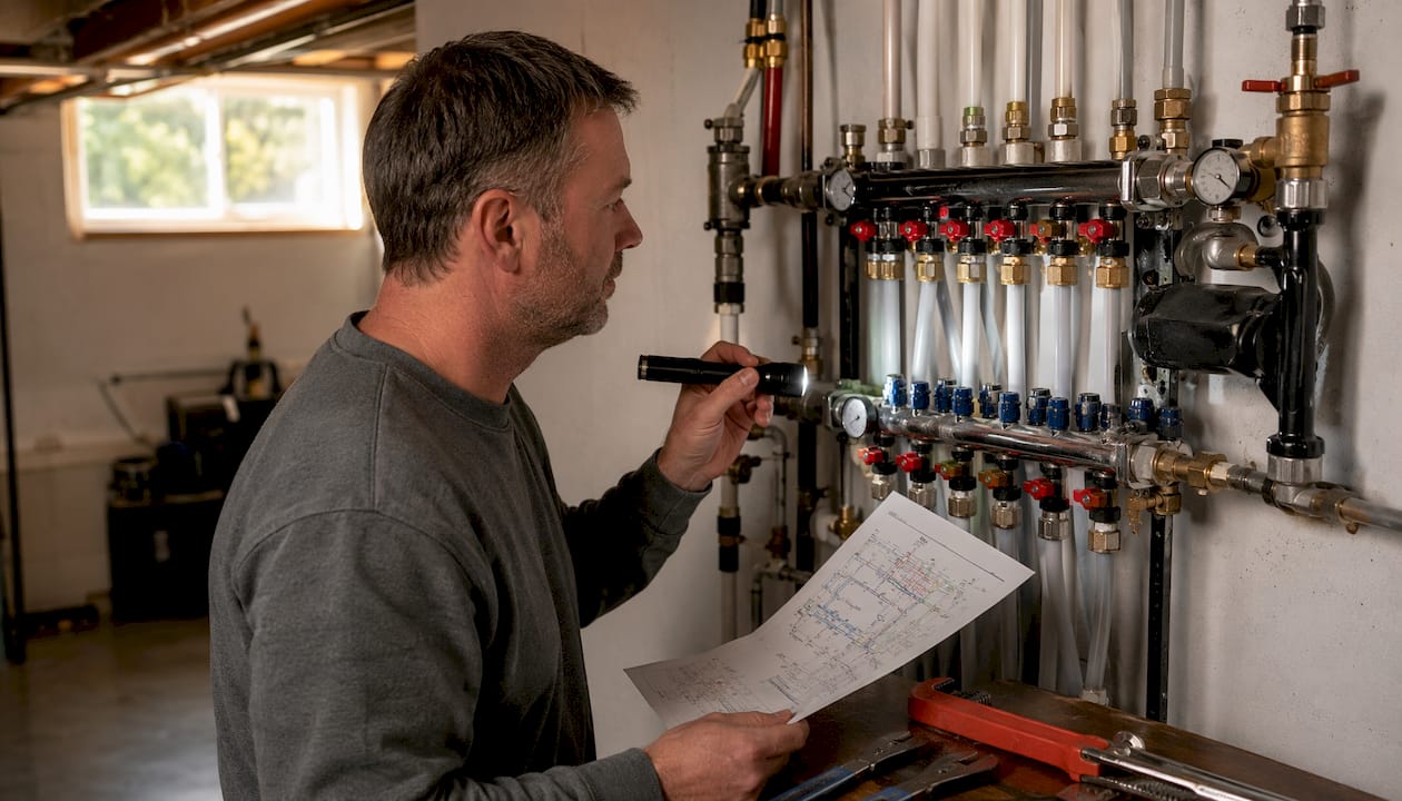 Homeowner inspecting plumbing manifold in basement
