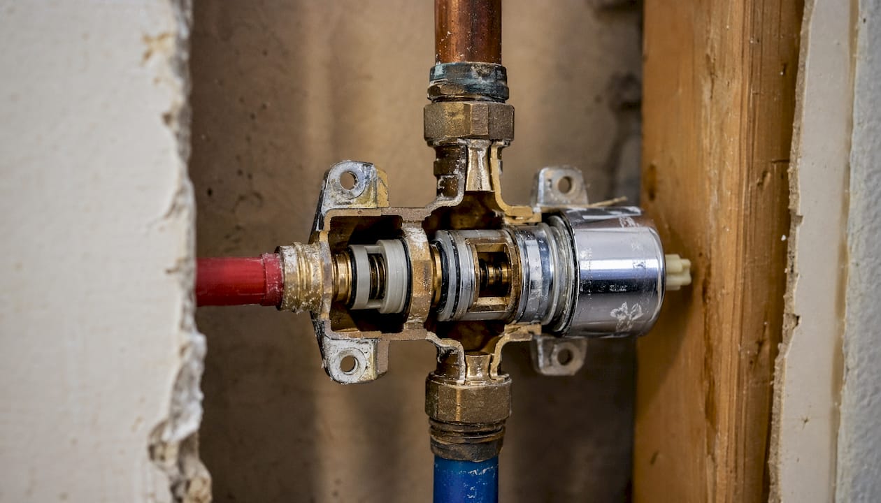 Cross-section of pressure balancing valve inside wall