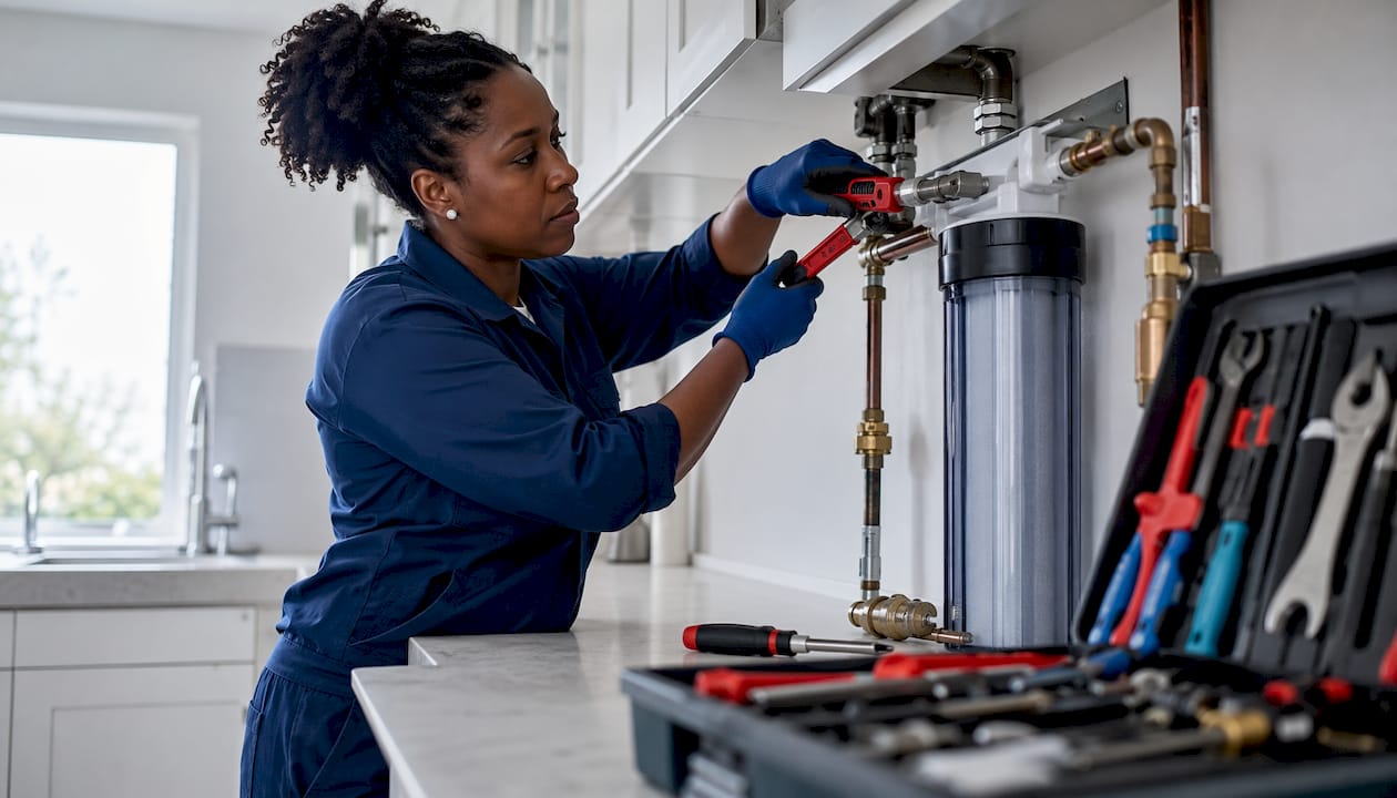 Plumber installing whole-house water filter