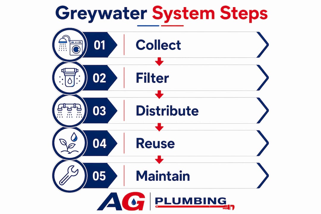 Process infographic showing greywater recycling steps