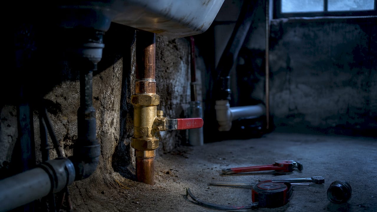 Residential basement copper pipe with isolation valve