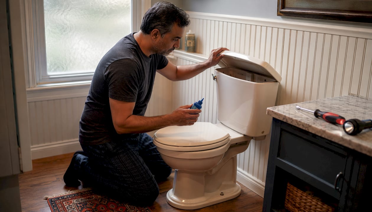 Homeowner testing toilet for leaks with dye