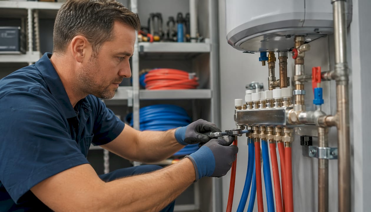 Plumber connecting PEX tubing to manifold