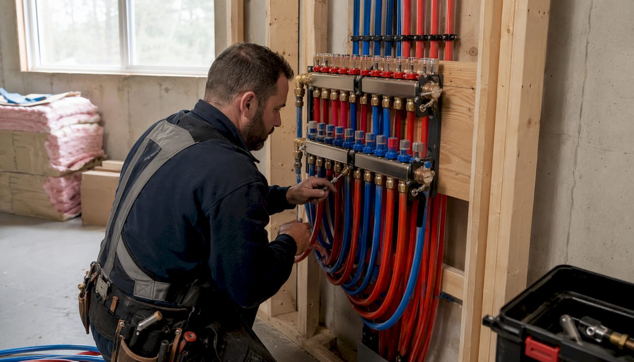 Installed PEX manifold with labeled lines in new construction