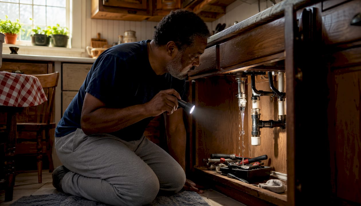 Man inspecting burst pipe under kitchen sink