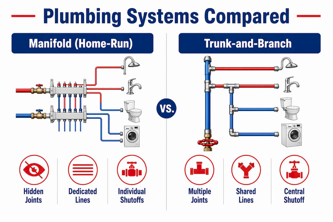 Infographic comparing manifold and trunk-and-branch plumbing systems