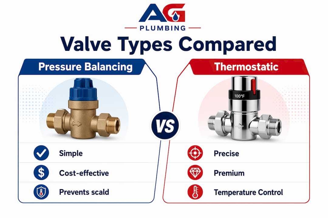 Infographic comparing pressure balancing and thermostatic valves