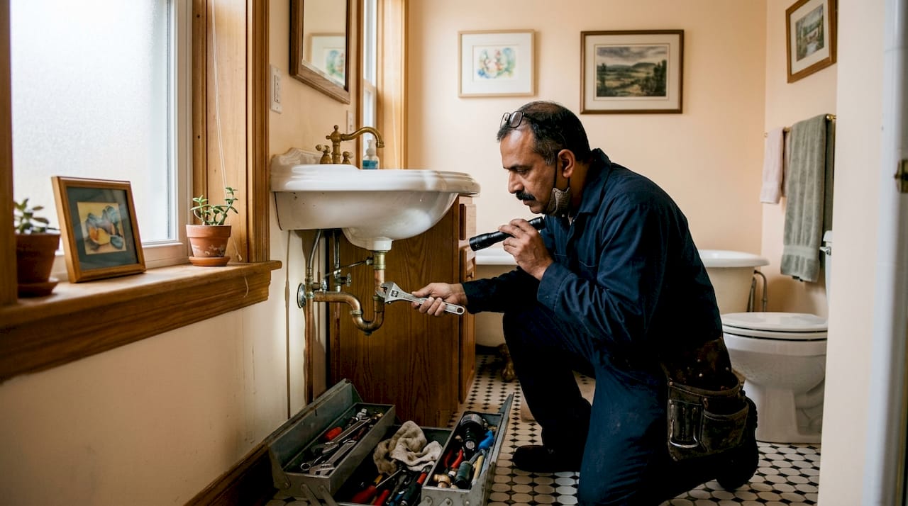 Plumber inspecting kitchen sink pipes attentively