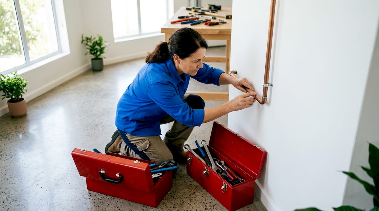 Woman inspecting basement pipes for leaks