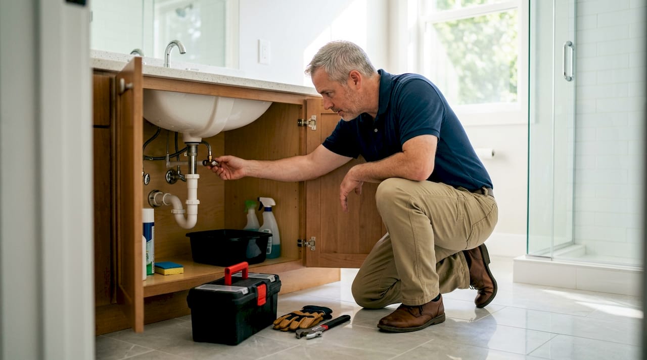 Homeowner operating shutoff valve under sink
