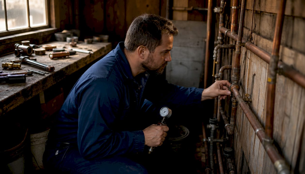 Plumber inspecting water hammer in pipes