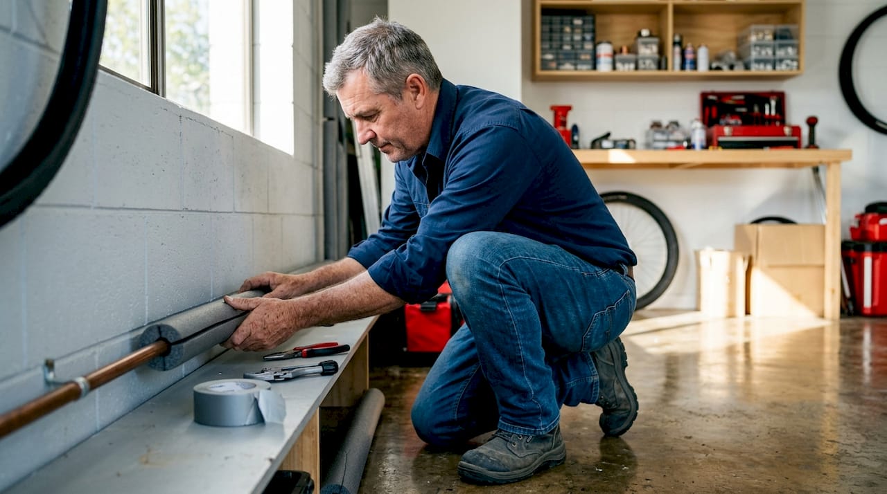 Handyman insulating basement water pipe with foam sleeve