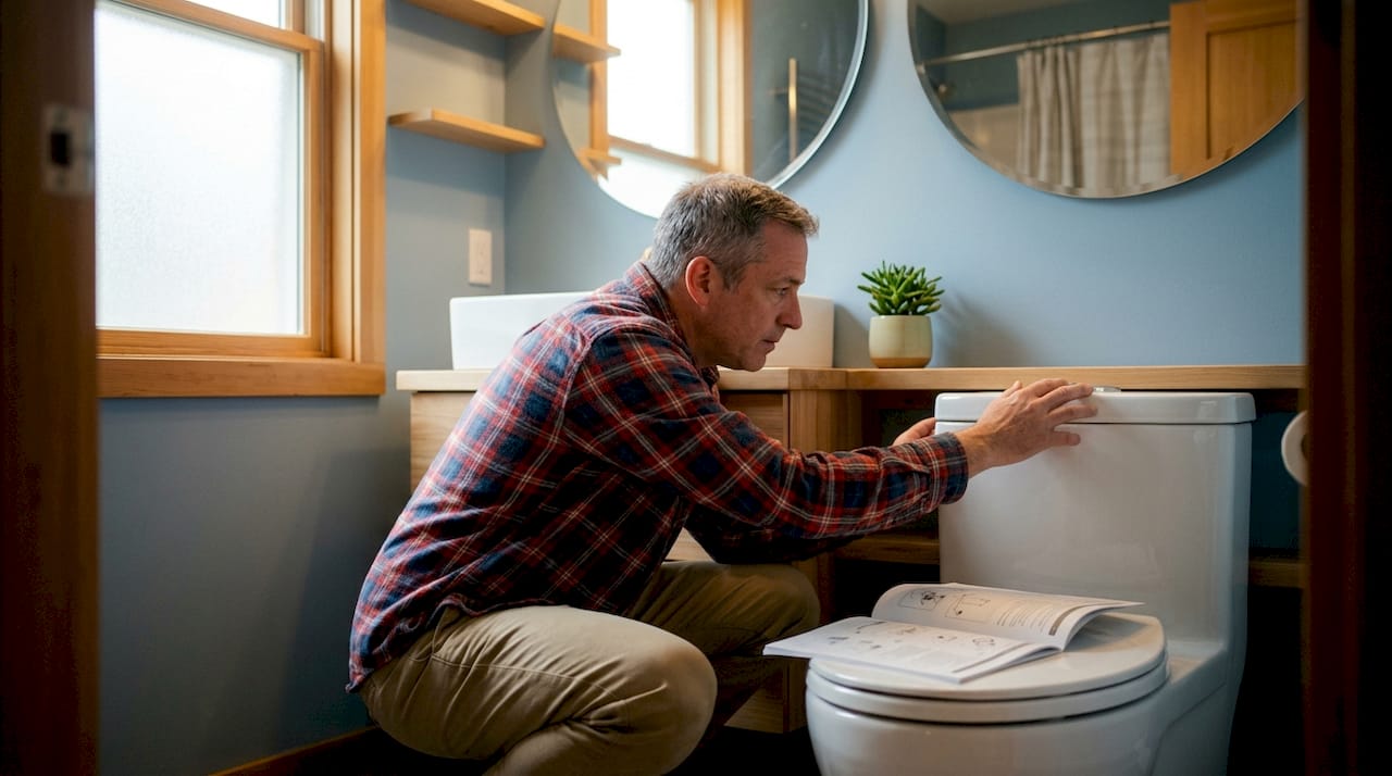 Homeowner inspecting dual flush toilet