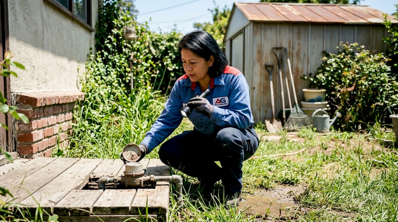 Woman inspecting water meter in basement