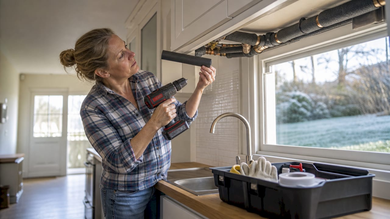 Woman installing pipe insulation in basement