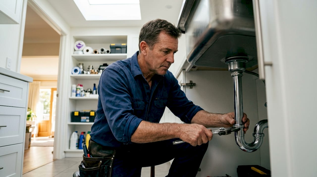 Plumber inspecting P-trap under kitchen sink