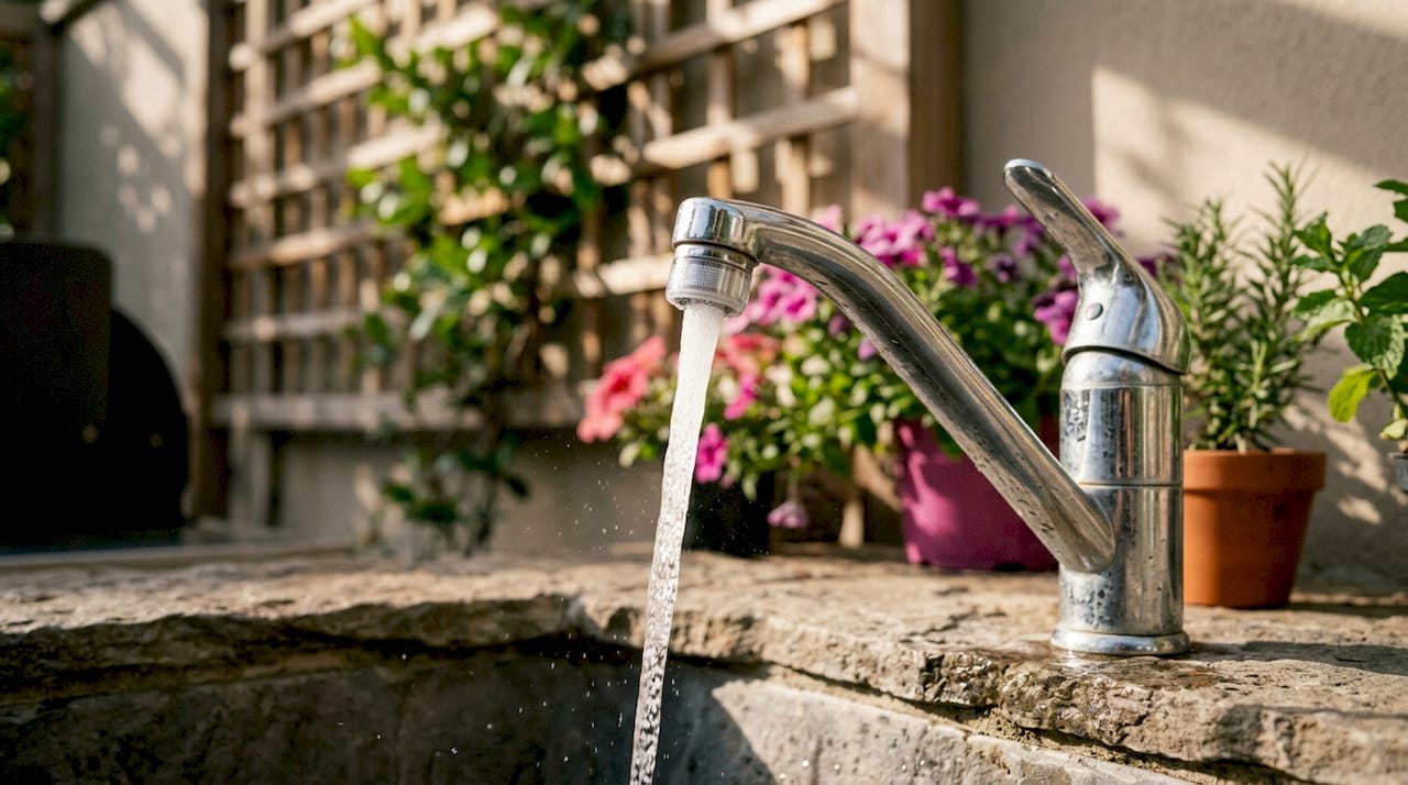 Close-up of faucet aerator on chrome faucet