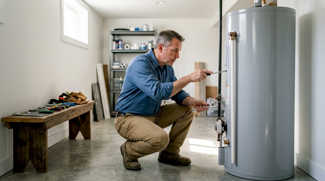 Homeowner inspecting water heater anode rod
