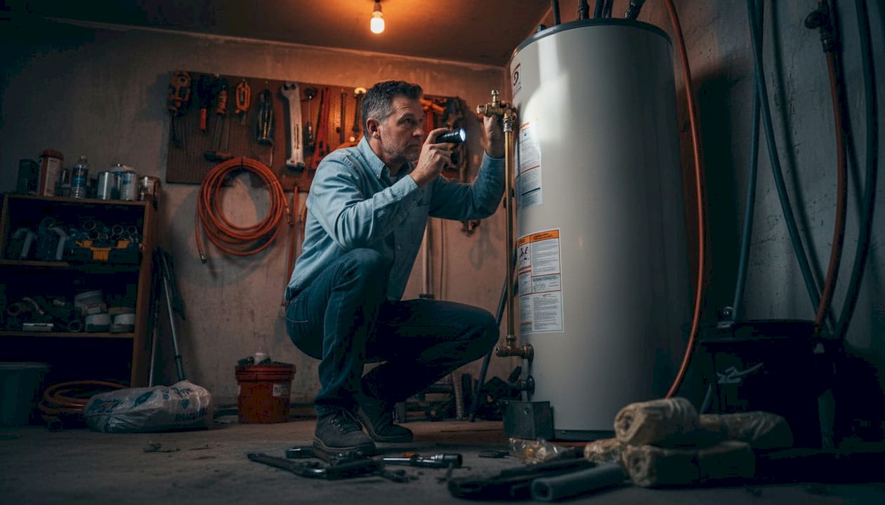 Homeowner inspecting water heater T&P relief valve