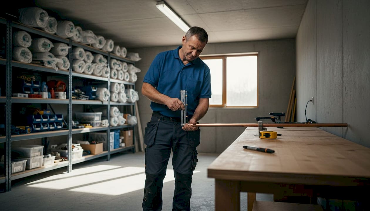 Worker measuring pipe diameter in basement