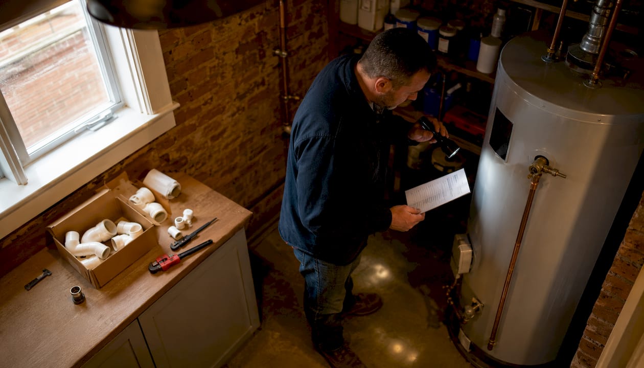 Man inspecting water heater with checklist in basement