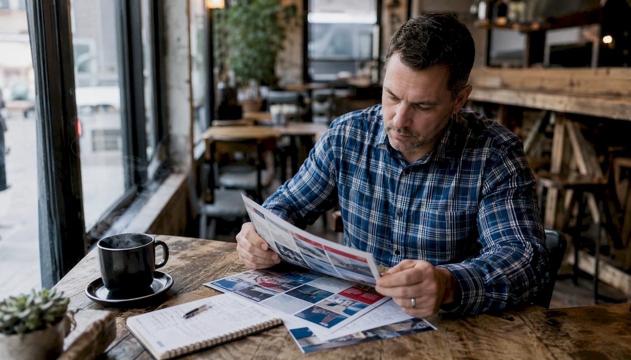 Homeowner reviewing plumbing options at kitchen table