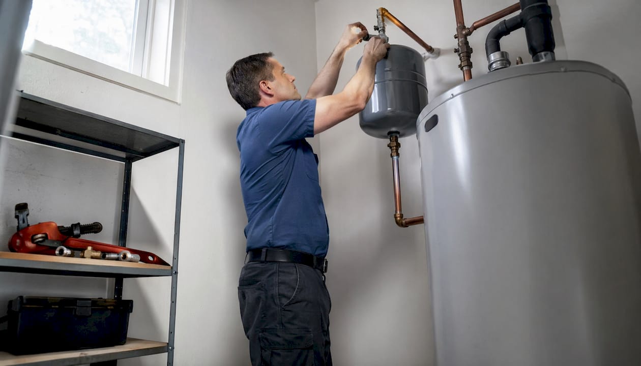 Plumber installing expansion tank in basement