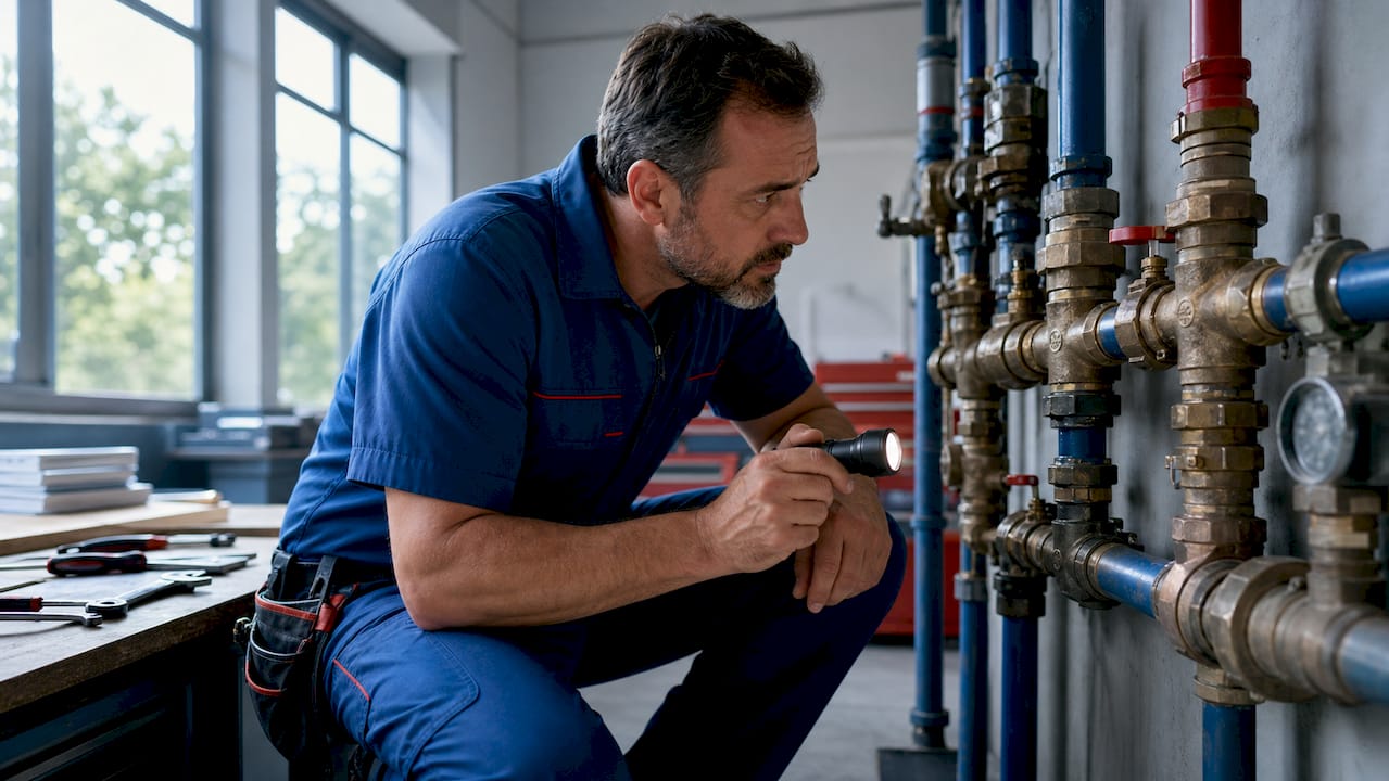 Plumber inspecting backflow prevention device in basement