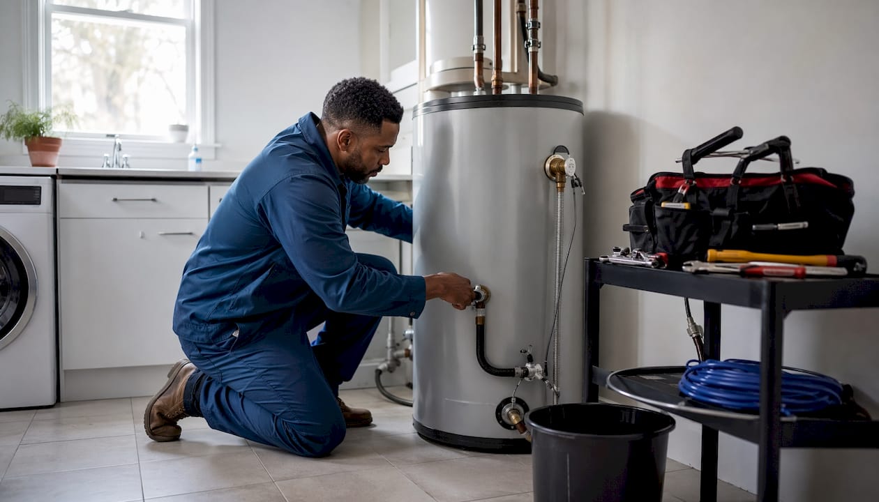 Plumber installing electric water heater