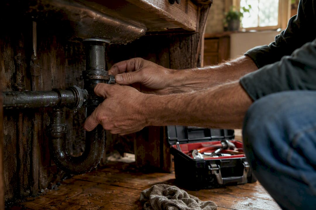 Hands fixing pipe under leaking kitchen sink
