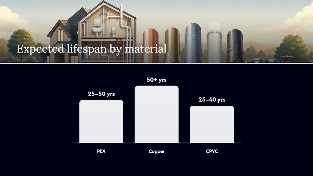 Comparison chart of pipe materials PEX, Copper, CPVC