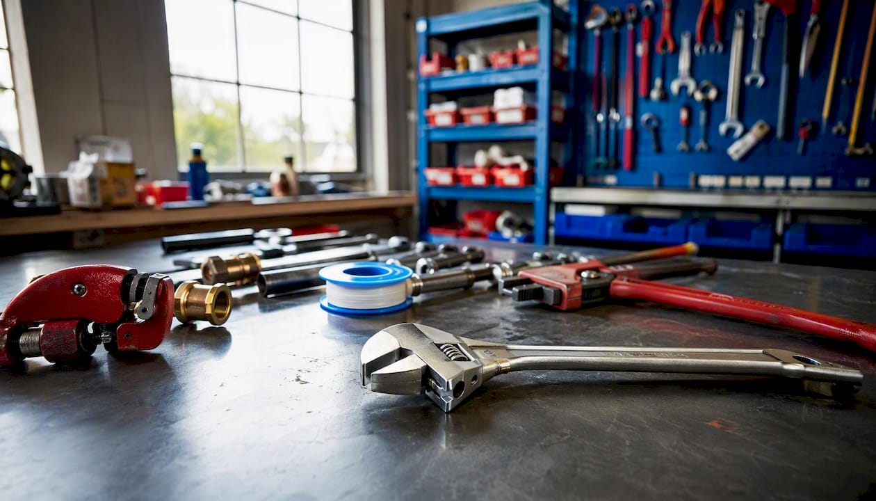 Close-up of plumbing tools on workbench