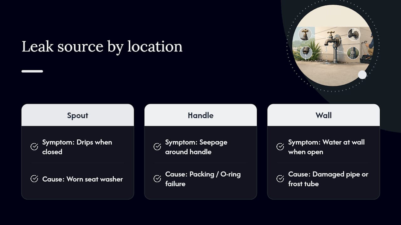 Diagram of faucet leak locations and symptoms