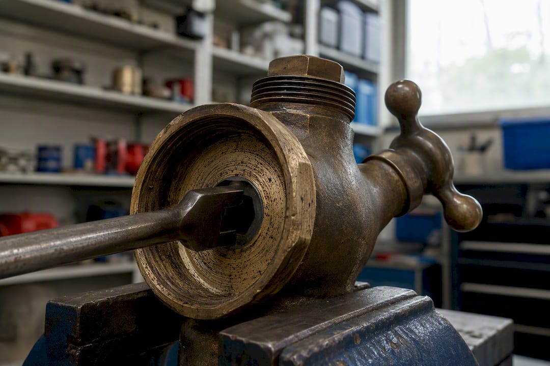Scored brass faucet seat with seat wrench