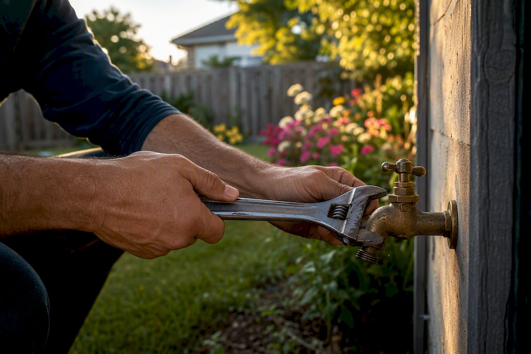 Hands fixing outdoor faucet with wrench